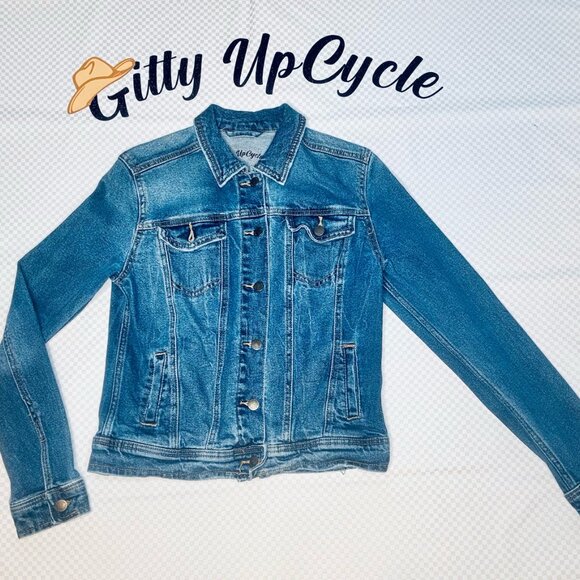 Upcycled Jean jacket with multi colored (pink blue back green) Pendleton wool -S - Picture 2 of 2